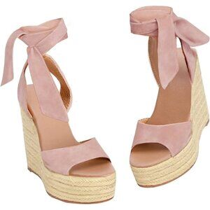 Women's Light Pink Wedges Open Ankle Strap Toe Tie Lace Up Sandals Heels Shoes